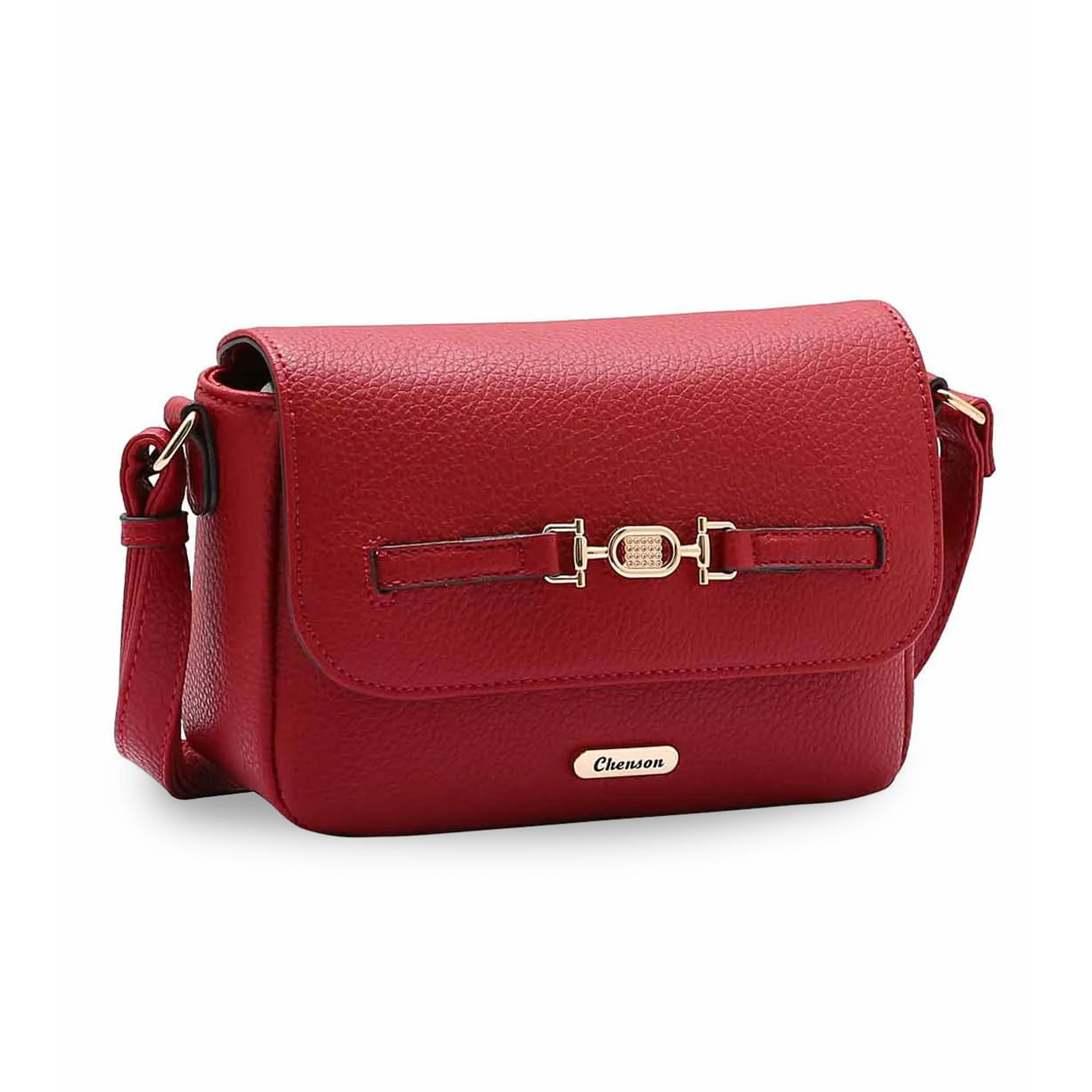 Bolsa casual feminina vinho em PVC com textura granulada, vista frontal com detalhes dourados